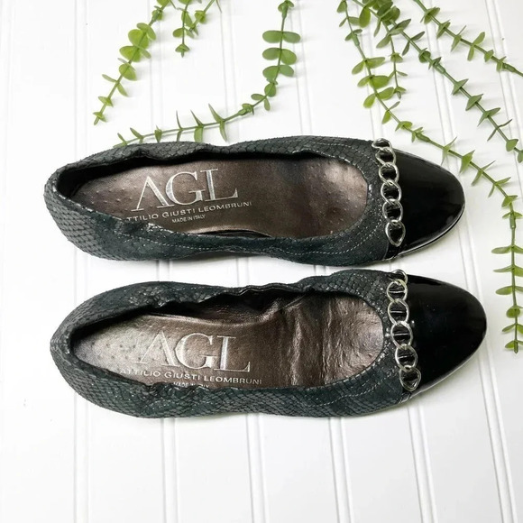 AGL Black Patent & Metallic Snakeskin Slip On Ballet Flats Women's US Size 6.5 - Picture 6 of 9
